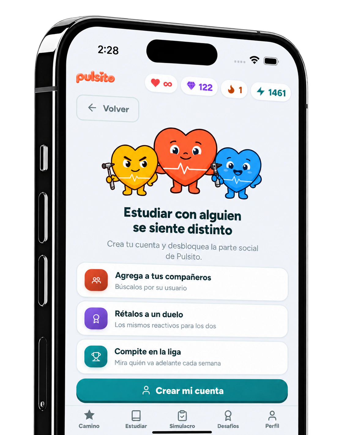 Pantalla de Pulsito invitando a crear cuenta, con tres Pulsitos